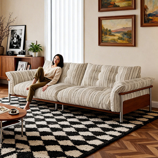 拉芙菲棉麻中古风布艺沙发小户型实木高脚直排亚麻客厅羽绒布沙发