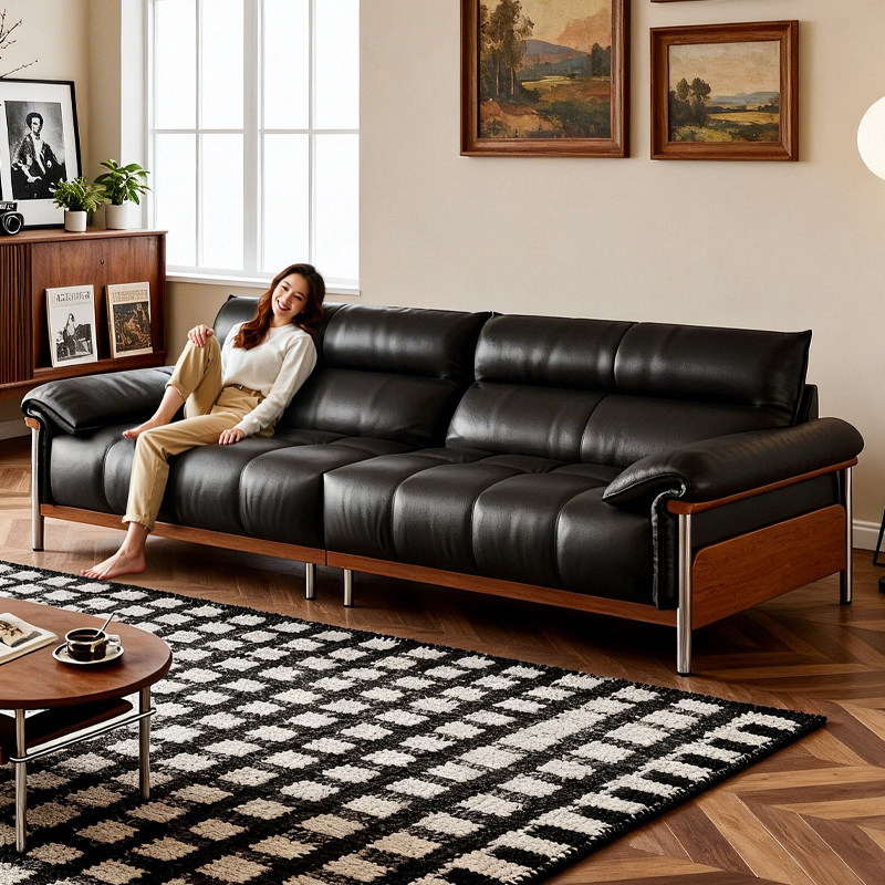 拉芙菲包豪斯风头层牛皮沙发小户型中古风客厅高脚直排真皮沙发
