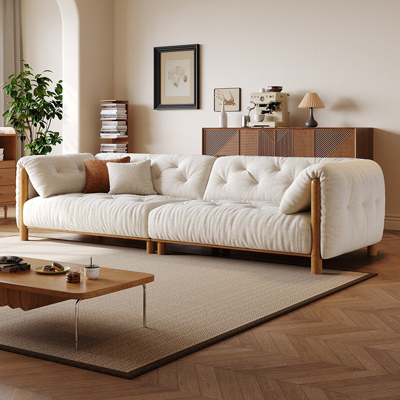 拉芙菲中古风棉麻布艺沙发简约小户型复古风白蜡木可拆洗客厅沙发