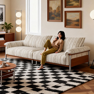 拉芙菲中古风棉麻布艺沙发实木高脚直排客厅羽绒亚麻小户型布沙发