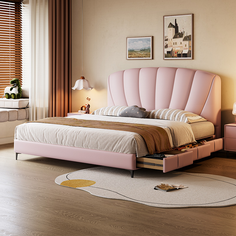 贝壳儿童床粉色女孩公主床头层真皮实木意式极简现代简约储物床