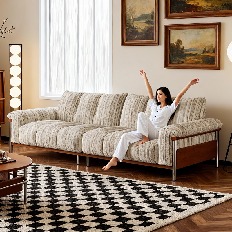 拉芙菲中古风棉麻布艺沙发实木小户型高脚直排亚麻客厅羽绒布沙发