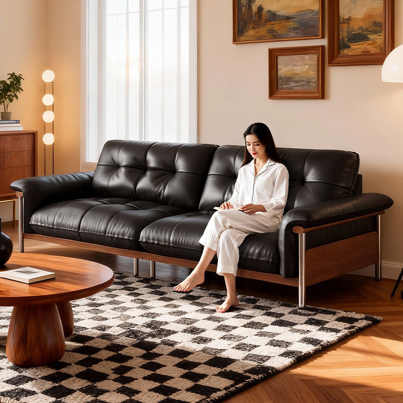 拉芙菲中古风头层牛皮沙发客厅直排小户型高脚包豪斯真皮沙发