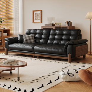 拉芙菲中古风白蜡实木头层牛皮沙发原木风小户型客厅真皮沙发