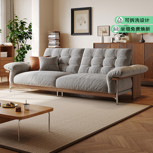 拉芙菲原木风可拆洗雪尼尔布艺沙发中古风实木棉麻小户型客厅沙发