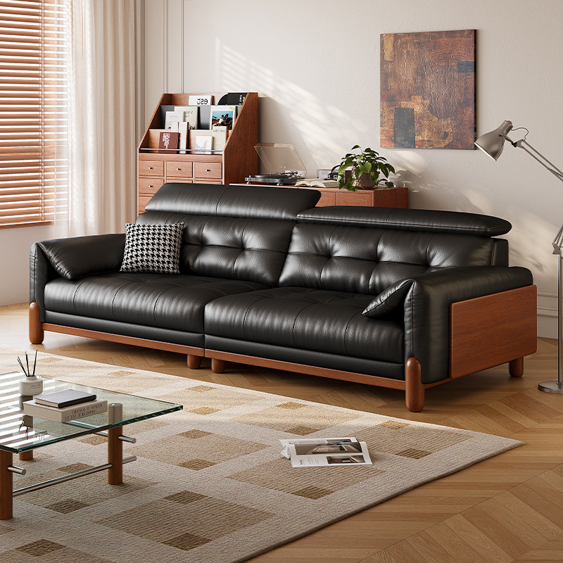 拉芙菲中古风头层牛皮沙发小户型客厅白蜡实木佛山复古真皮沙发