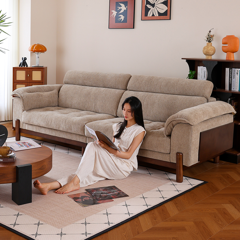 原木风可全拆洗雪尼尔现代奶油复古实木布艺小户型中古客厅沙发