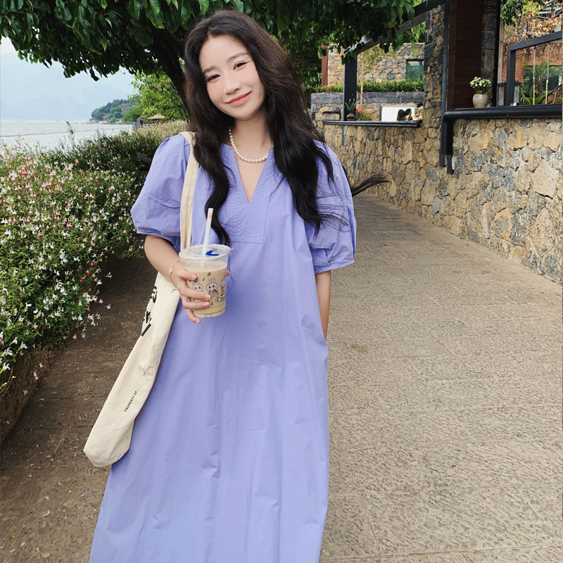 蓝色泡泡袖连衣裙女夏少女感浪漫复古田园小清新显瘦长裙超好看,女装连衣裙,2C158