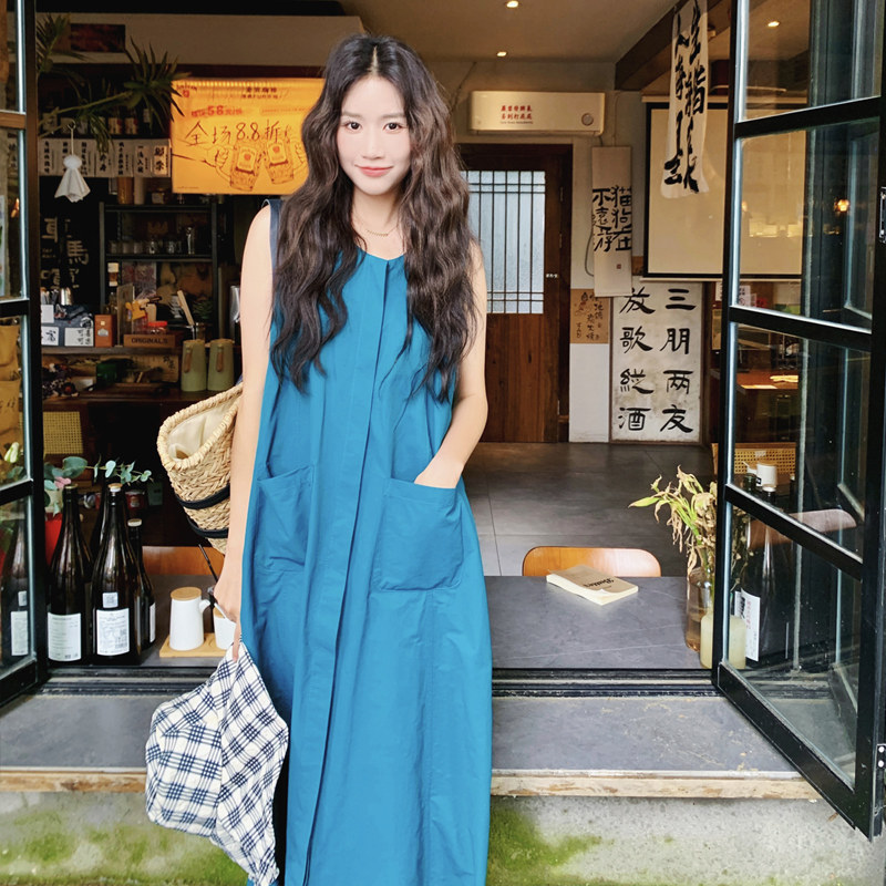 休闲宽松蓝色无袖背心连衣裙女夏2025新款慵懒松弛感简单大方长裙,女装连衣裙,2C158