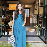 休闲宽松蓝色无袖背心连衣裙女夏2025新款慵懒松弛感简单大方长裙，女装连衣裙，2C158