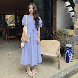 蓝色泡泡袖连衣裙女夏少女感浪漫复古田园小清新显瘦长裙超好看图片