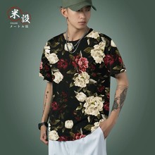 中国风牡丹花日系潮牌夏季男士T恤短袖半袖男装大码t恤男短袖衣服