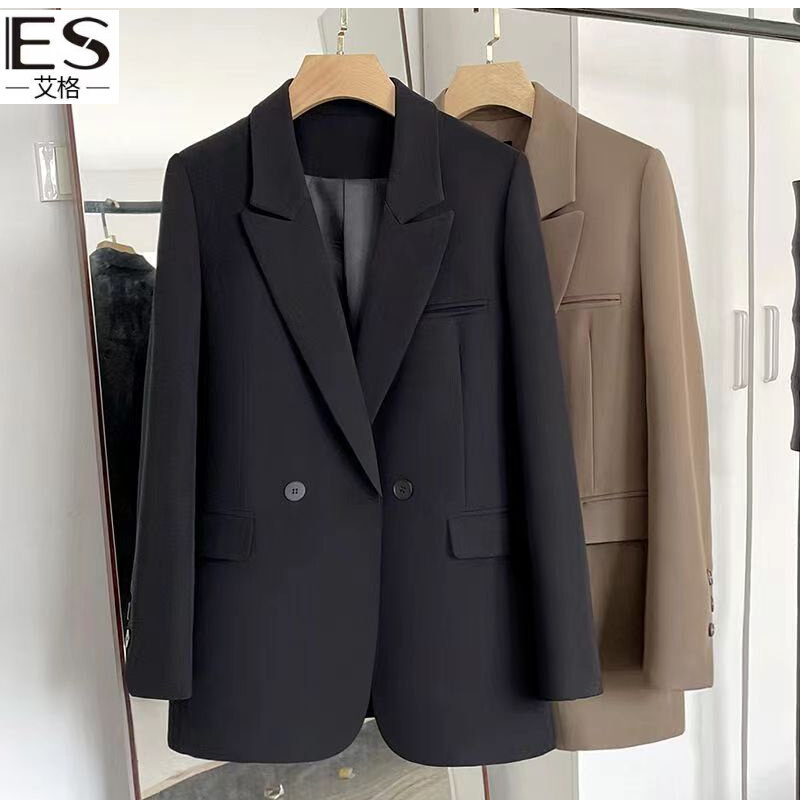 艾格ES黑色小西装外套女2023春秋新款高级感炸街休闲西服宽松上衣