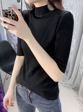 半高领打底衫女纯色新款修身紧身黑色春秋中袖毛衣绿色半袖针织衫