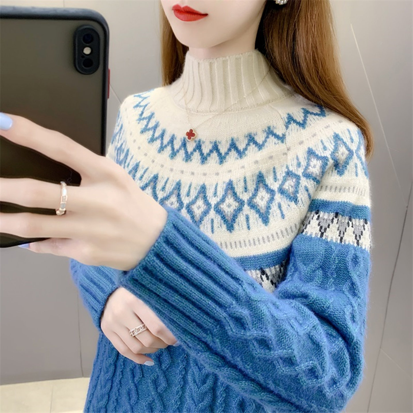 毛衣女套头2025秋冬新款韩版提花麻花长袖时尚洋气半高领打底衫