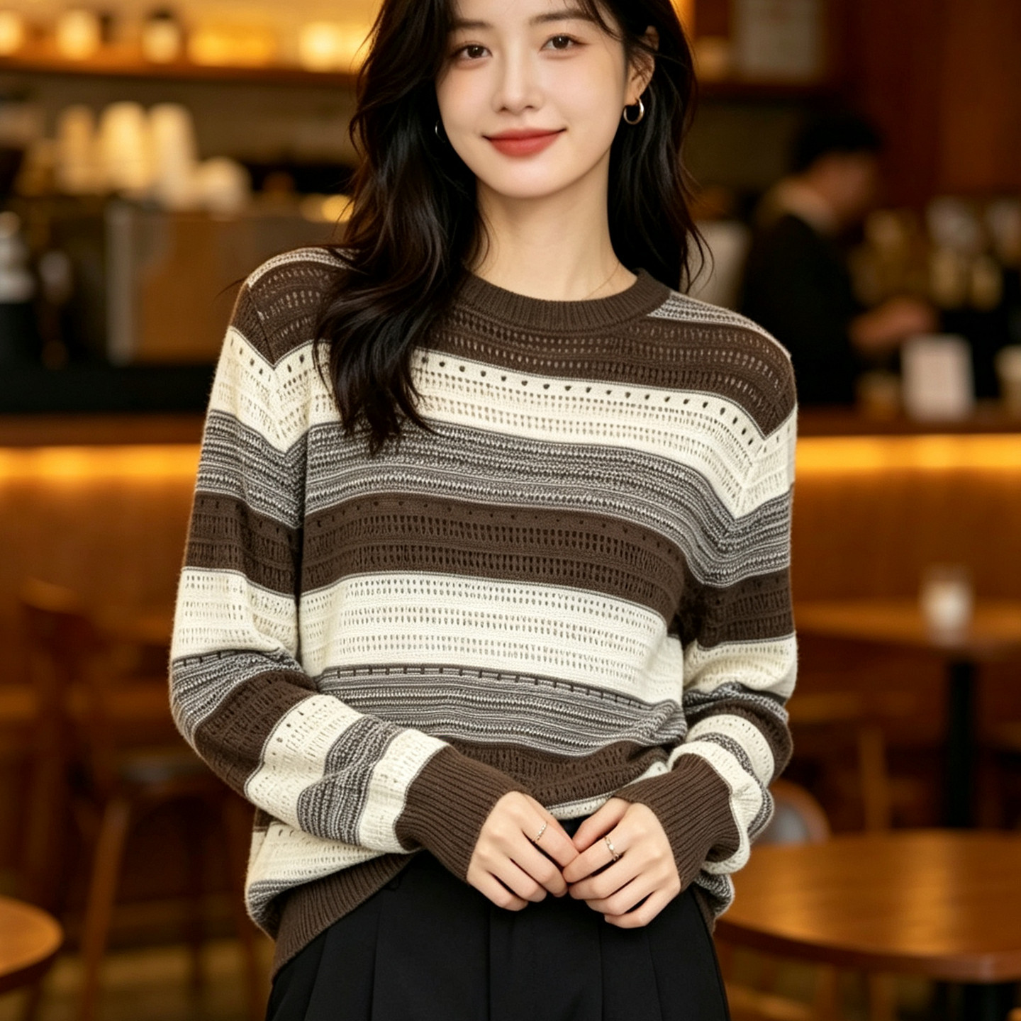 条纹圆领套头显瘦针织衫女毛衣
