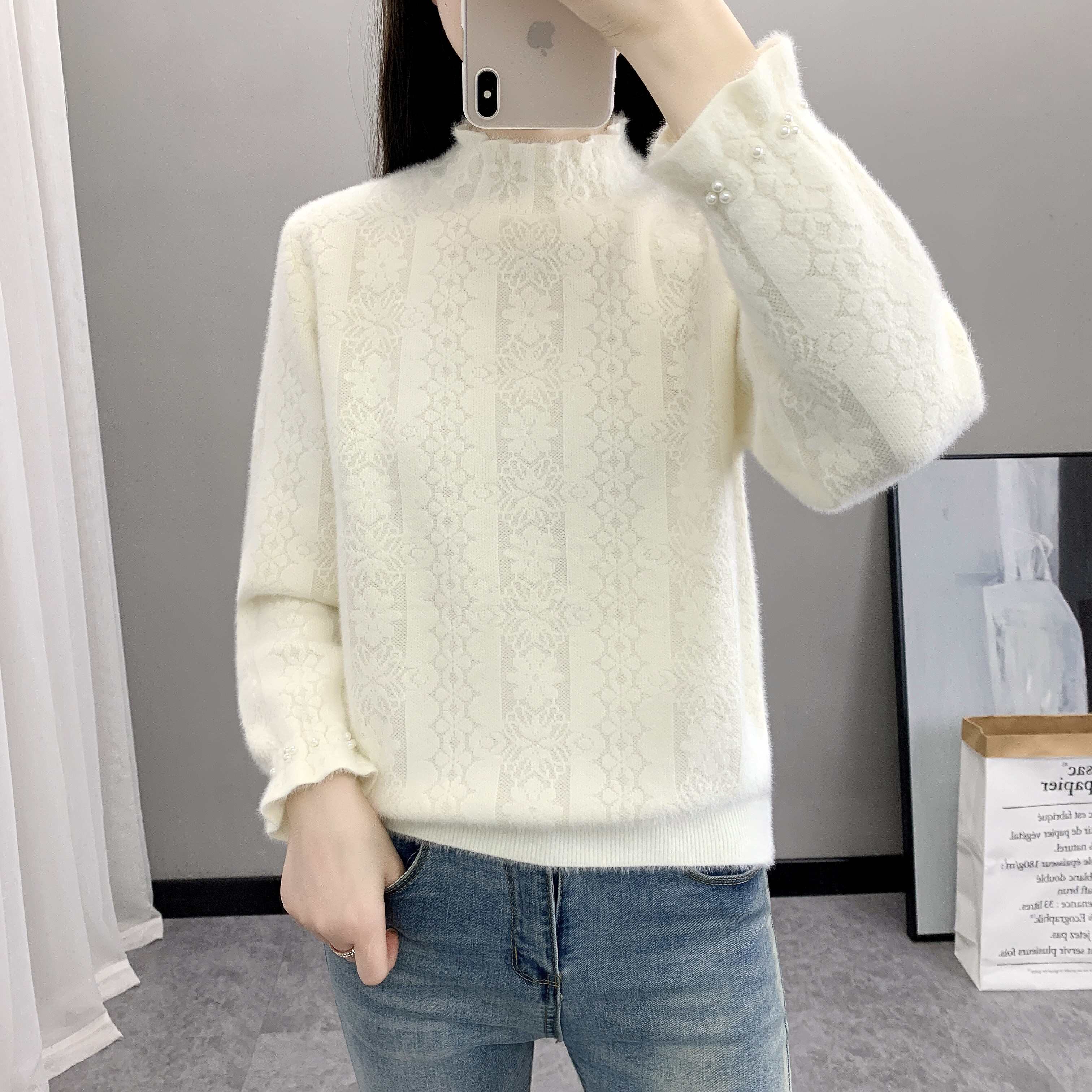 不起球蕾丝半高领女士针织衫毛衣