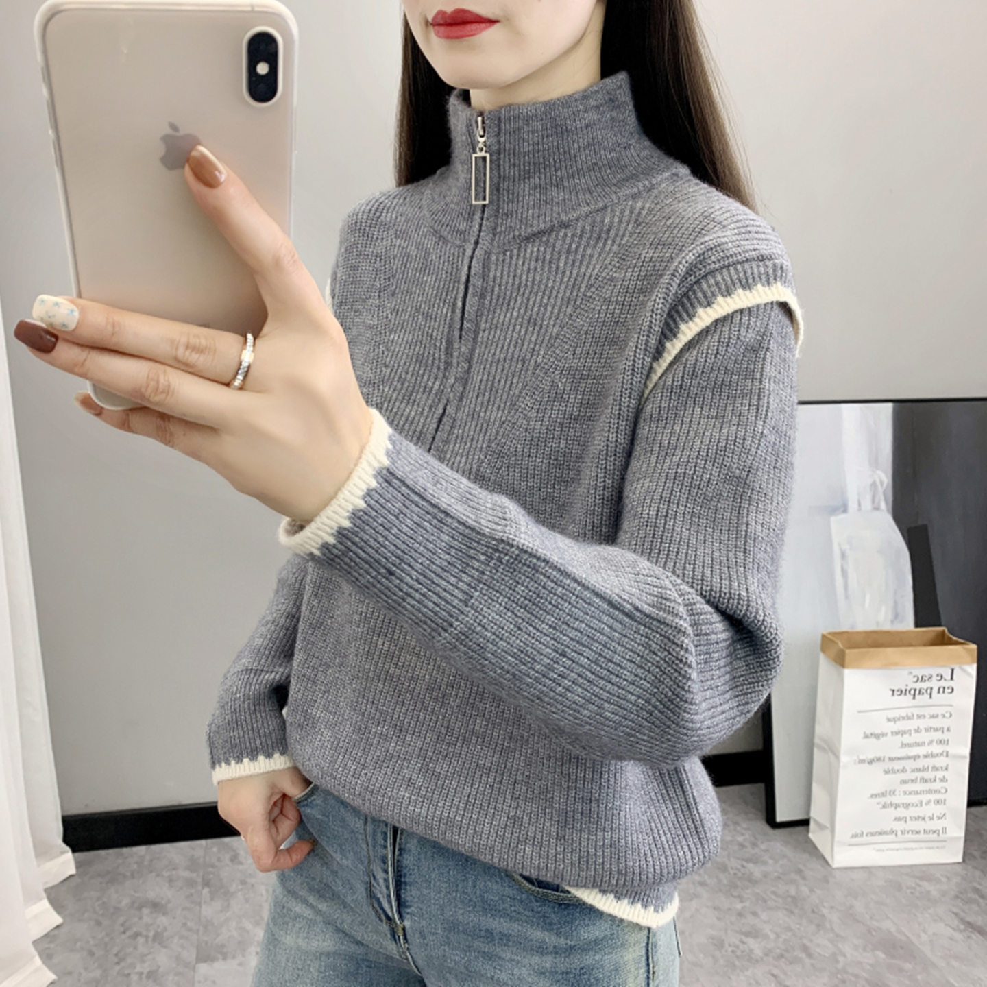 针织衫女灰色宽松毛衣立领拉链