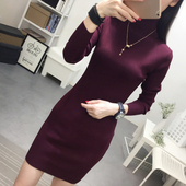 打底衫 高领毛衣女套头秋冬长袖 紧身黑色中长款 针织连衣裙长款 修身