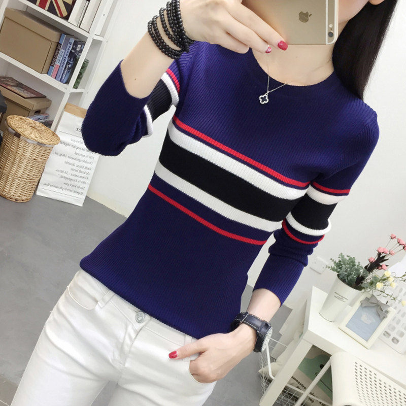 针织衫女夏空调衫彩色套头毛衣条纹薄款紧身女士长袖新款女打底衫