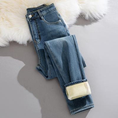 复古蓝加绒紧身牛仔裤女