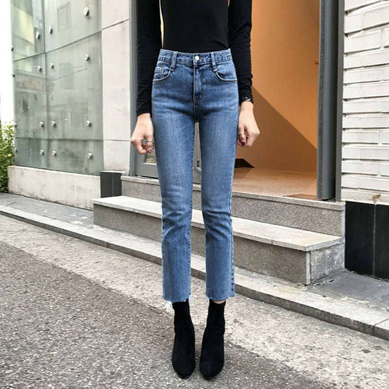 烟管裤女秋冬2024年新款加绒高腰黑色百搭显瘦小个子直筒牛仔裤子