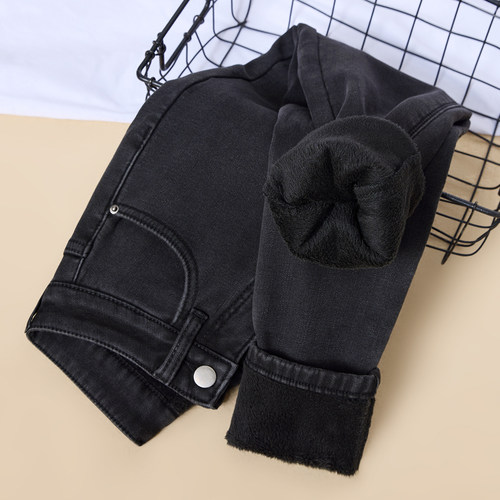 美舒儿高腰加绒紧身小脚牛仔裤