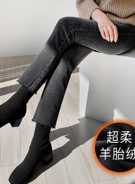烟灰色牛仔裤女秋冬2025年新款加绒高腰宽松显瘦九分直筒烟管裤子