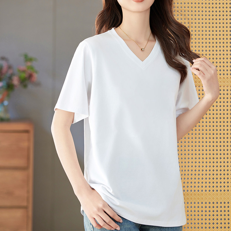 妮丝轩纺短袖t恤女2026夏季新款纯色V领上衣宽松显瘦遮肚大码体恤