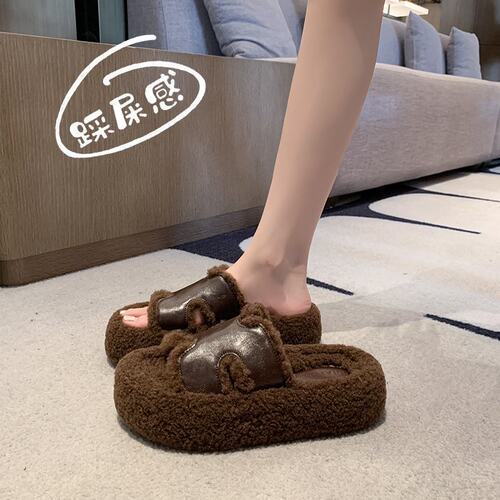 韩版大气简约厚底毛毛拖鞋