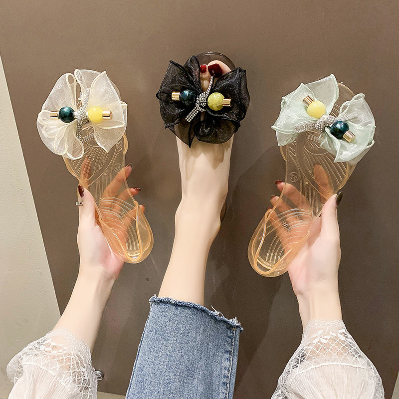雨鞋女夏季外穿甜美蝴蝶结沙滩凉鞋透明水晶超软果冻鞋可湿水凉拖