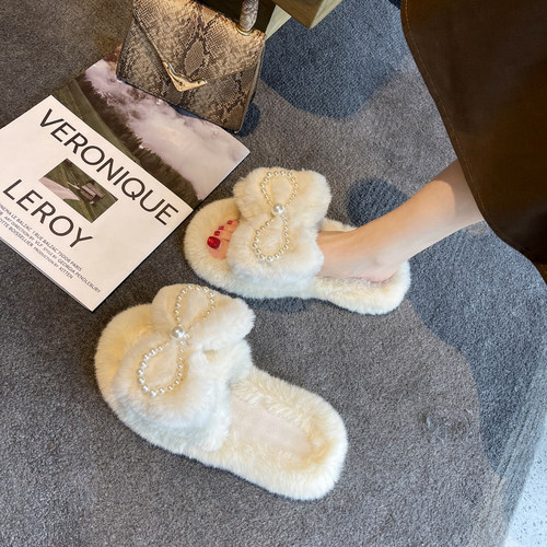 一字甜美风珍珠蝴蝶结露趾棉拖鞋