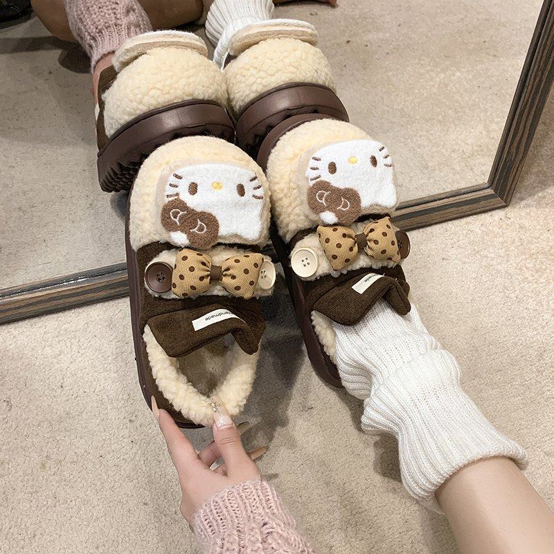 卡通可爱凯蒂猫豹纹毛毛鞋女冬魔术贴单鞋舒适保暖一脚蹬软底棉鞋,女鞋,深口单鞋,淘宝优惠券,粉丝福利购,淘宝优惠卷