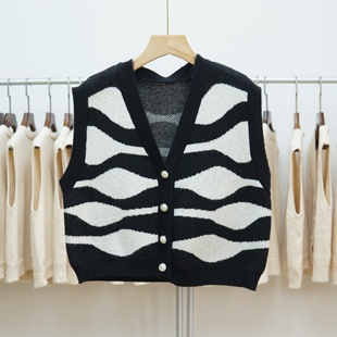 647 2025秋冬新款V领针织马甲女外穿无袖毛衣开衫背心斑马纹坎肩