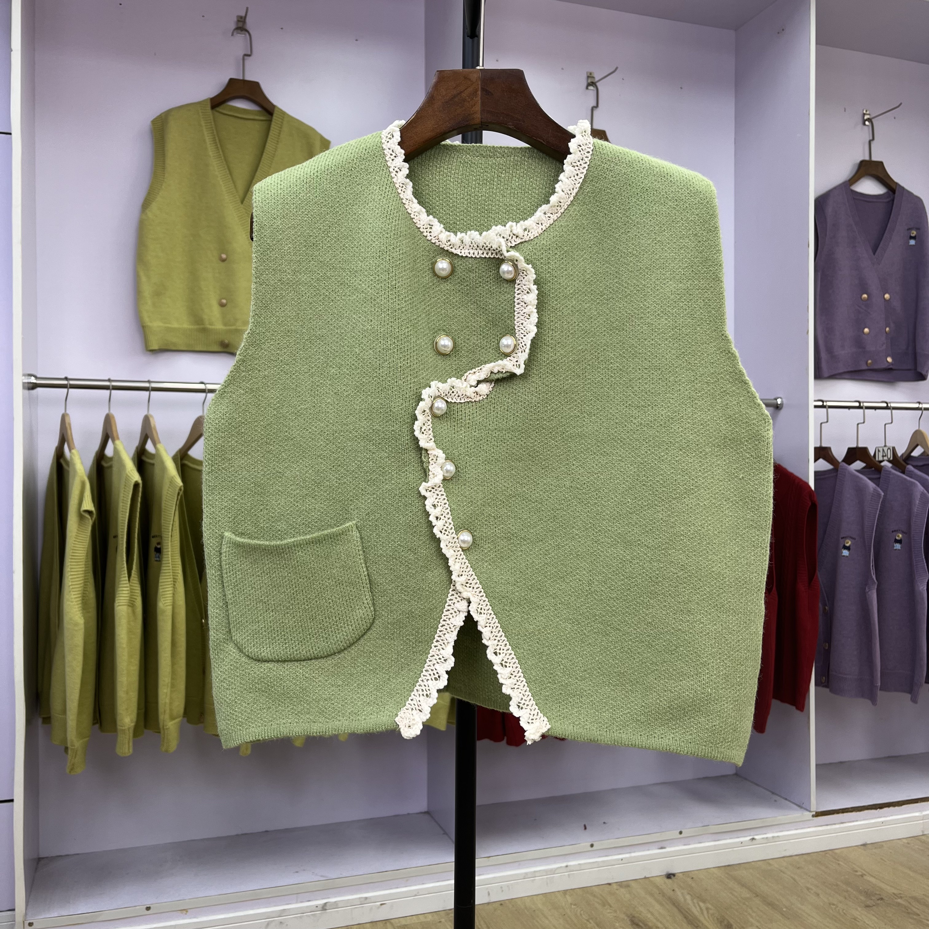 口袋针织马甲开衫女背心