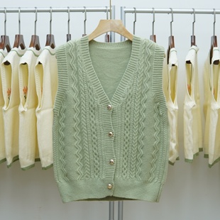 669复古编织风V领麻花针织马甲女无袖纯色百搭修身坎肩开衫背心