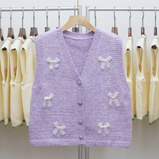 364 法式甜美风立体蝴蝶结爱心扣V领针织开衫马甲女紫色毛衣背心