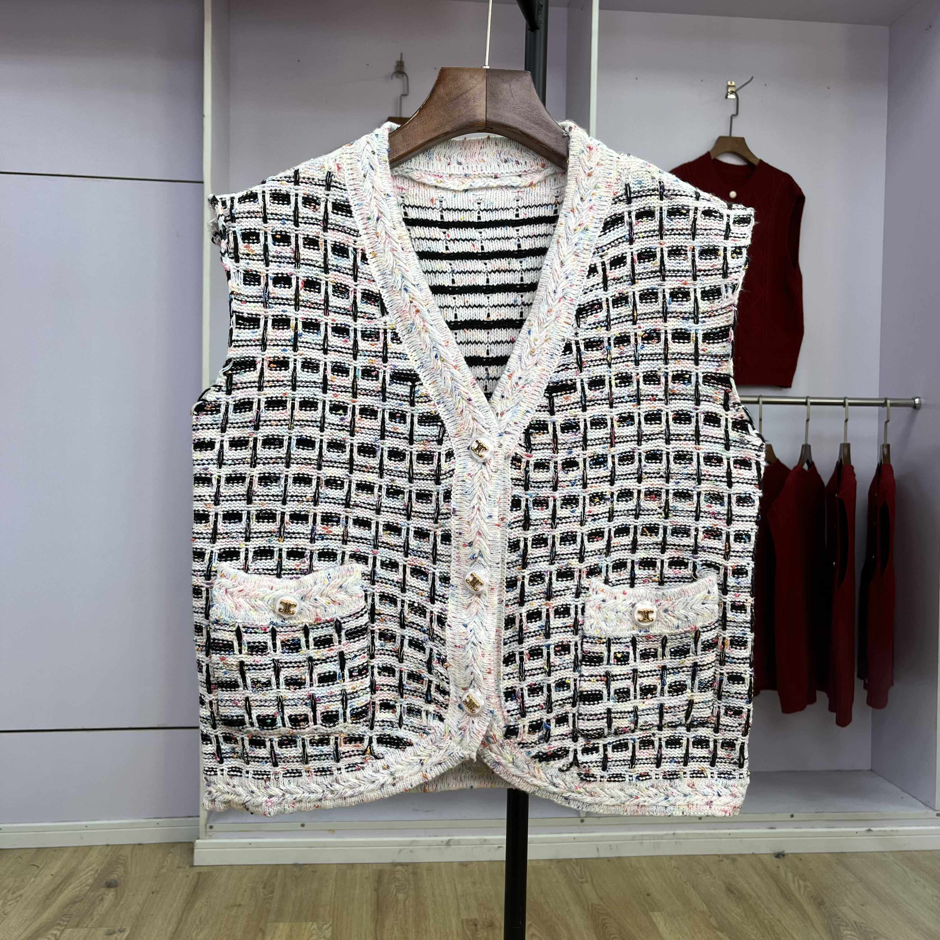 046小香风针织开衫无袖马甲女2024秋季新款V领上衣短款马夹背心