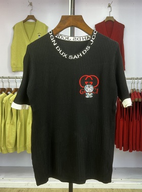 582 针织衫短袖T恤女2025新款夏季薄款圆领字母刺绣薄款黑色上衣