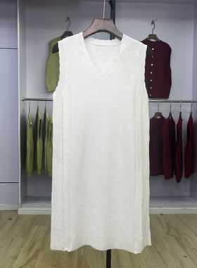 561秋冬新款V领纯色花边套头长款连衣裙女款针织无袖背心马甲裙