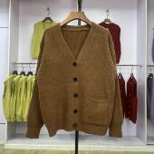 932 软糯单口袋女落肩袖 纯色扣复古加厚ins休闲宽松慵懒风上衣v领