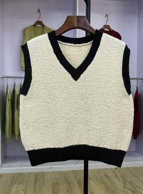 740秋冬季叠穿V领亮片针织马甲女2024新款外穿拼色无袖坎肩马夹