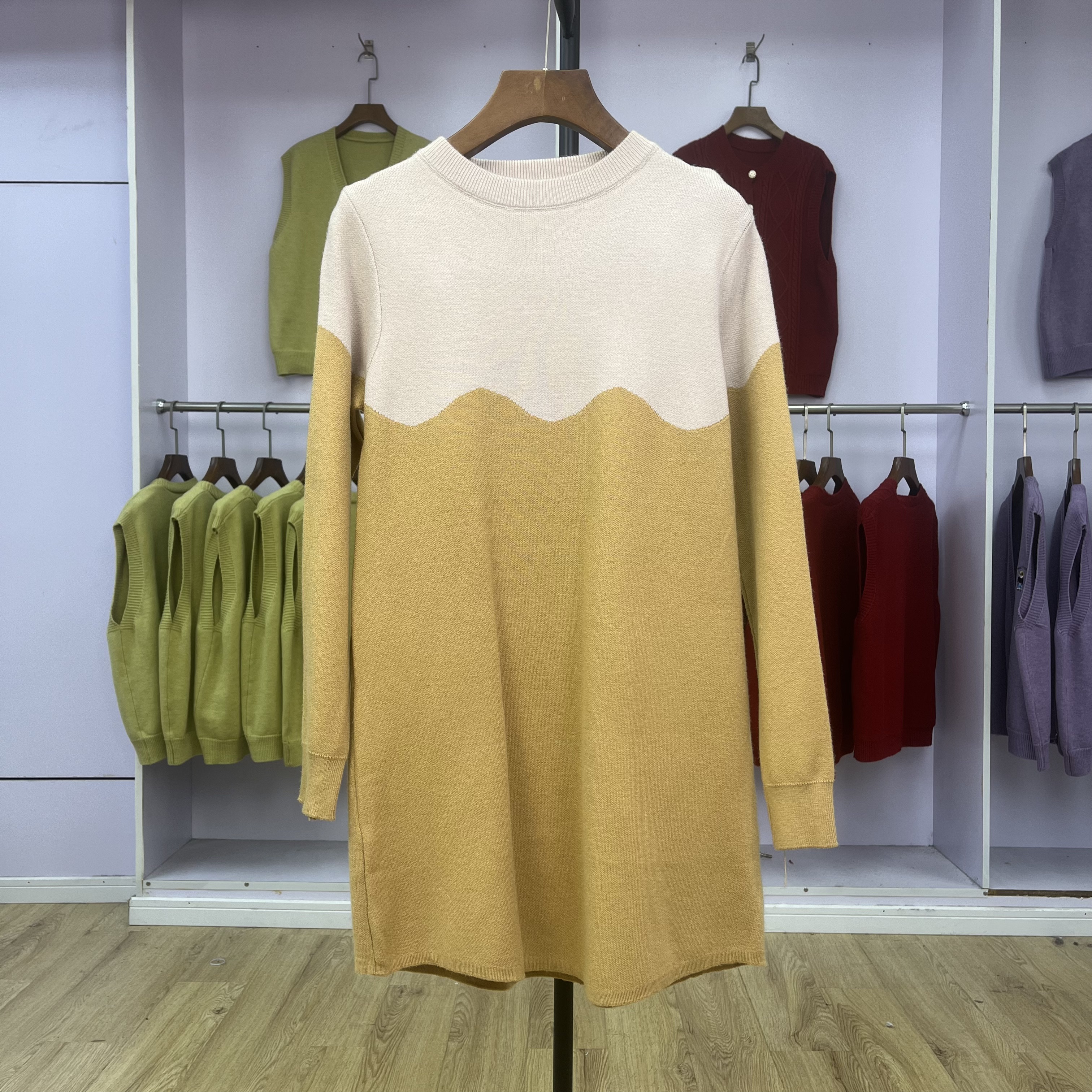 917 撞色装饰女2024秋冬季新款韩版长外加厚针织衫宽松慵懒风上衣