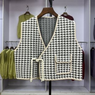 洋气大码 短款 显瘦时髦千鸟格坎肩宽松V领上衣女 盘扣大码 196新中式