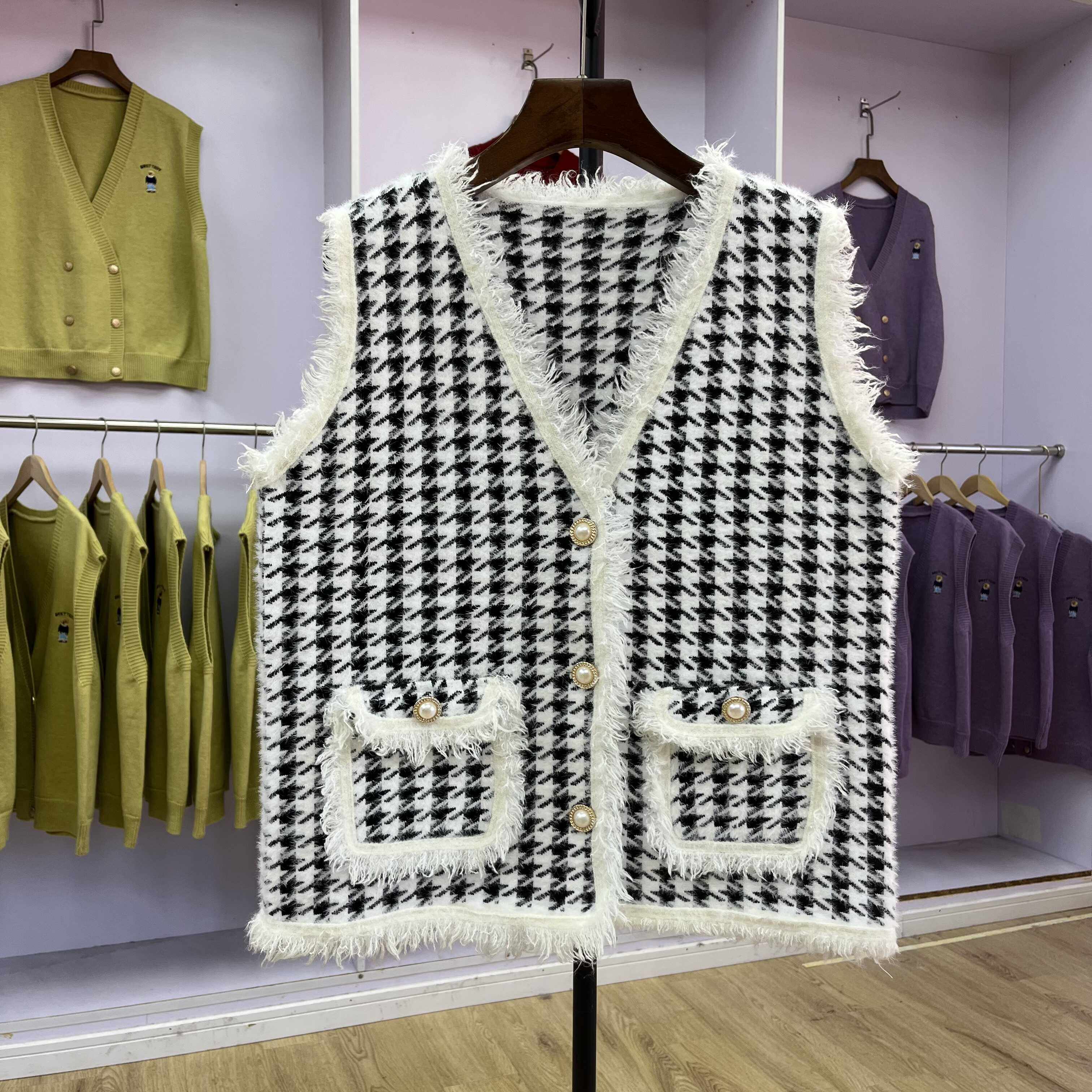 370千鸟格子仿水貂绒马甲开衫女秋冬新款宽松马夹背心坎肩针织衫