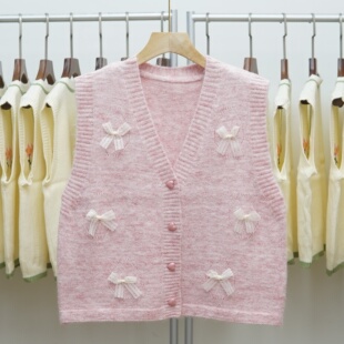 462 法式甜美风蝴蝶结纯色V领针织开衫马甲女温柔风无袖坎肩马夹