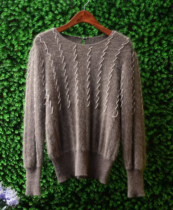 日系出口原单宽松安哥拉超长兔毛驼色圆领泡泡袖长袖套头厚毛衣女