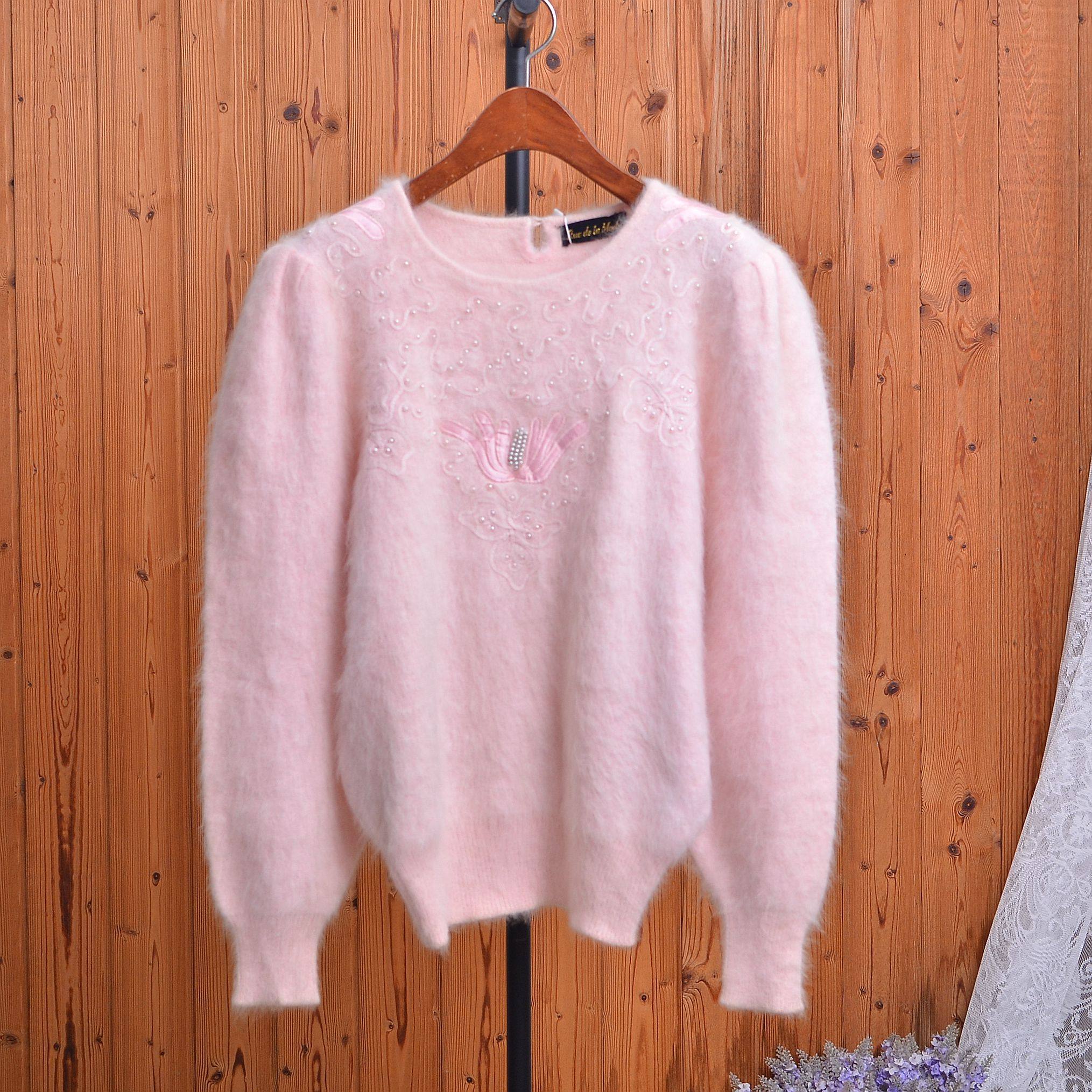 外单安哥拉兔毛重工钉珠粉色圆领泡泡袖温柔甜美刺绣珍珠毛衣女