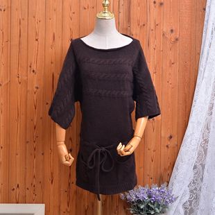 秋冬新品日单深咖色羊毛兔毛混纺一字领蝙蝠袖七分袖连衣裙毛衣女