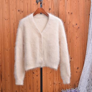 春秋温柔风米色百搭针织上衣V领超长兔毛单排扣软糯质感开衫毛衣